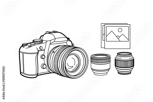 Photography equipment line art: camera, lenses, and photos