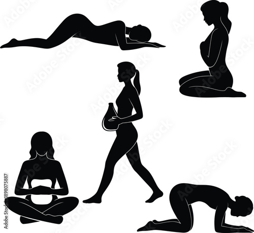 Pregnant woman in various yoga poses pregnancy exercise