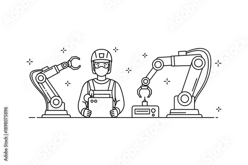 Industrial automation with robots and engineer: linear style concept