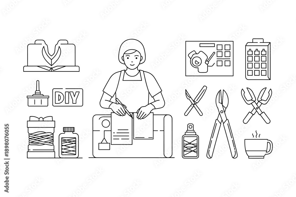 Fototapeta premium Crafting essentials line art: tools and supplies for diy projects