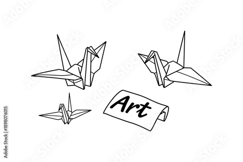 Origami cranes with art note on white background