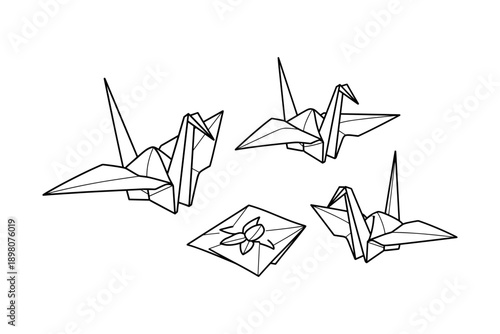Origami crane design: monochrome line art of paper birds and lotus