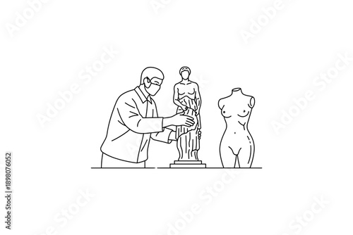 Restoration art expert working on classical sculpture in linear style