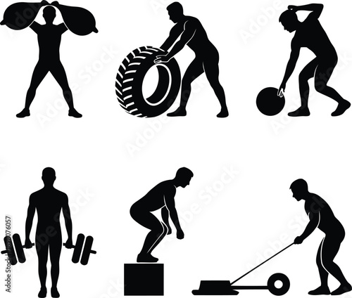 Silhouettes of people doing various exercises with weights and equipment