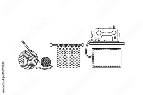 Linear sewing and knitting tools: yarn balls, crochet needles, and sewing machine