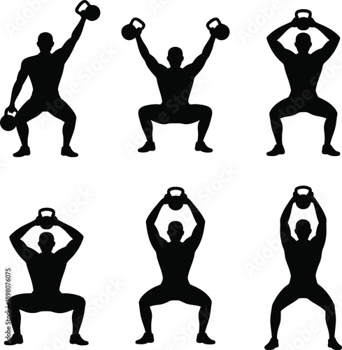 Silhouettes of men exercising with kettlebells in various poses
