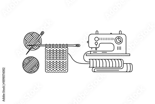 Minimalist sewing and knitting outline with machine yarn and needles