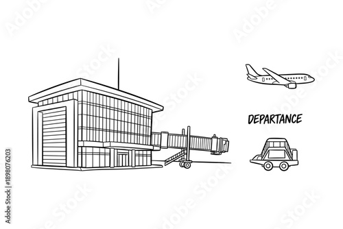 Airport terminal diagram with airplane and luggage cart line art design