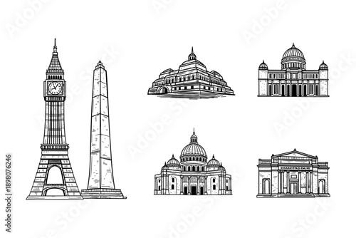 Landmarks collection: detailed monuments in black and white line art