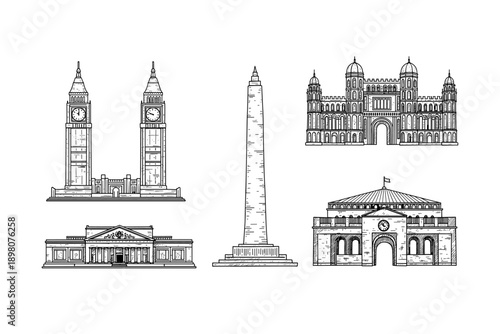 Hand-drawn famous landmarks collection with monuments and historic buildings