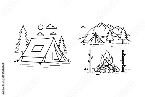 Minimalist linear camping scene with tents, mountains, and campfire