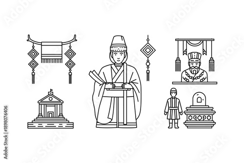 Linear style ancient scholar and traditional elements in black and white