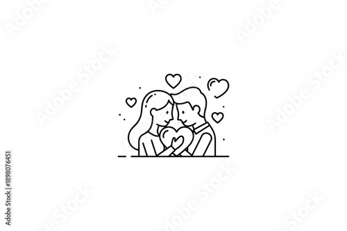 Minimalist line art of a loving couple surrounded by hearts
