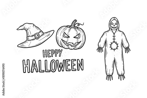 Happy halloween: witch hat, jack o lantern, scarecrow costume in sketch style