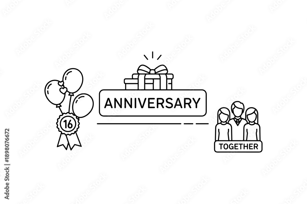 Naklejka premium Anniversary celebration with gift box and balloons outline design