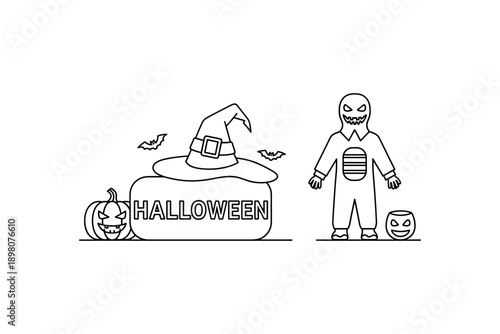 Halloween line art: witch hat, pumpkins, creepy costume, and bats