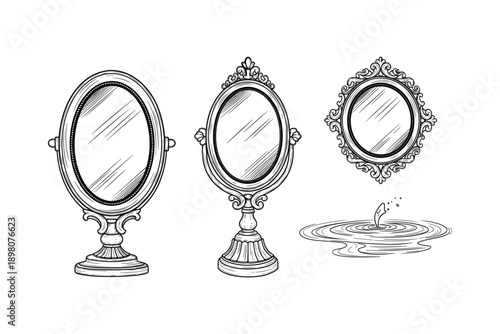 Elegant hand drawn mirrors with decorative frames and water reflection