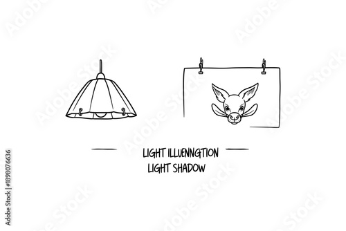 Minimalist linear art: pendant light and animal portrait with shadows