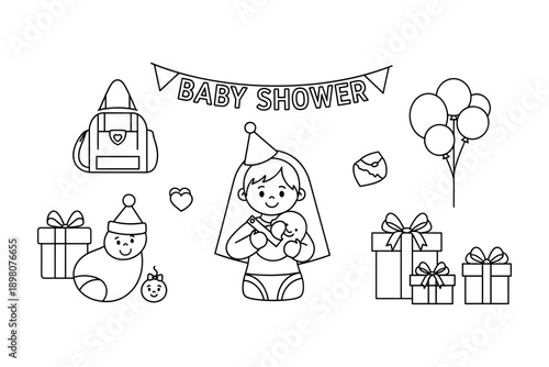 Baby shower celebration with cute outlined icons and cartoon elements