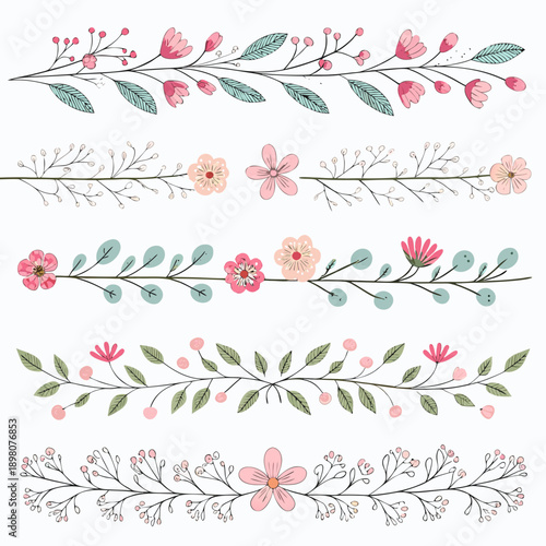 Floral branches with leaves and flowers in various designs and arrangements on a clean background, showcasing decorative elements from different viewpoints.