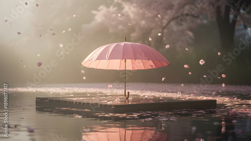 Wallpaper Mural Pink umbrella on a wooden raft in serene water with falling cherry blossoms under soft morning light Torontodigital.ca