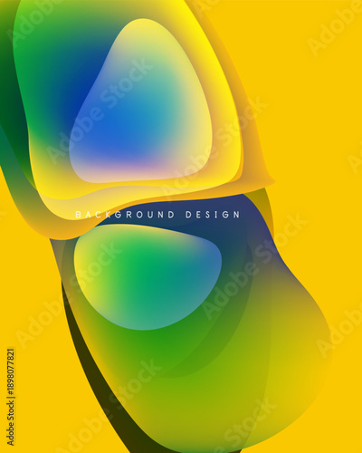 Abstract shapes overlap, creating vibrant color gradients. Yellow dominates background, with blue, green hues blending smoothly. Modern design element.