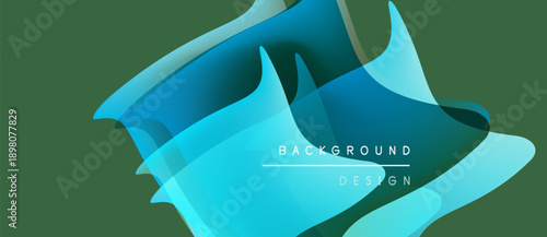 Abstract flowing shapes, turquoise hues, layered design. Background features gradients, smooth transitions, modern aesthetic.