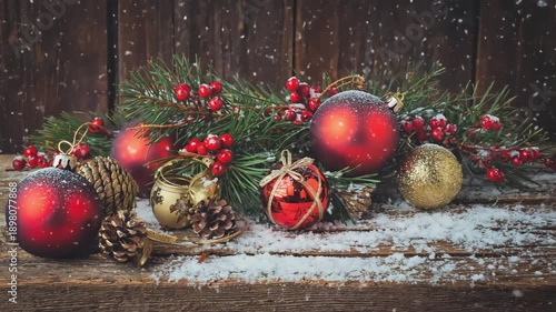Wallpaper Mural Assortment of shiny red and gold Christmas ornaments rests among pine branches and scattered snow upon a dark wooden surface background. Torontodigital.ca