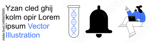 Genetic research, notifications, online learning, biotechnology, alert systems, digital connectivity. a DNA helix, bell icon and person with a laptop. Genetic research and notifications