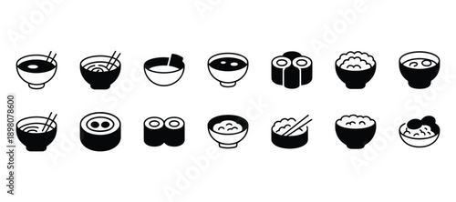 Assorted illustrations of traditional bowls and dishes containing various food items