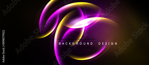 Abstract neon lines form flowing shapes. Vivid purple, gold hues contrast dark background. Text reads background design.