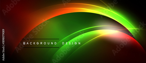 Abstract vibrant design features flowing curves, gradients. Colors blend from red, orange, green, yellow against dark backdrop. Text reads background design.