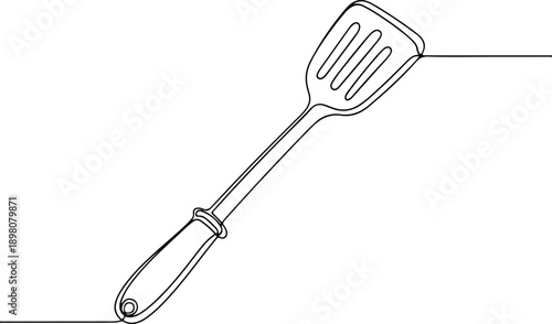 Continuous line drawing of a kitchen spatula on a white background, viewed from a 30-degree angle, 50.eps reference