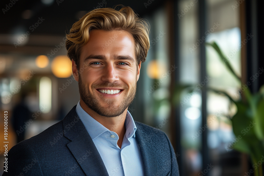 Fototapeta premium Success businessman smiling in office. Successful businessman on the background of a bright office.