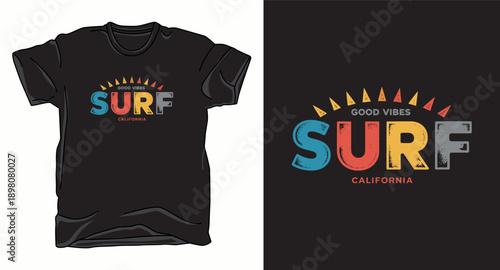 Surf good vibes california vintage t-shirt design with retro colors and sun rays graphic illustration
