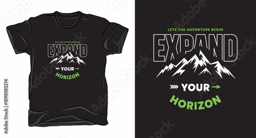 Expand your horizon outdoor adventure t-shirt graphic with mountain range and green typography for travel wear