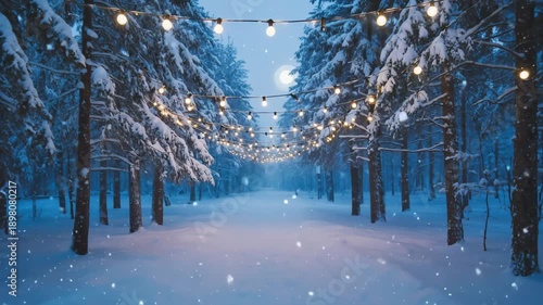 Wallpaper Mural Magical winter forest path lined with snow-covered evergreen trees illuminated by strings of warm glowing lights creating an enchanting tunnel effect. Torontodigital.ca