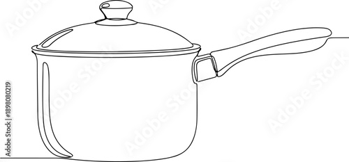 Continuous line art illustration of a saucepan with lid and handle on a white background
