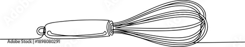 A wireframe illustration of a whisk on a flat surface viewed from the side, depicting a kitchen utensil in a minimalist style.