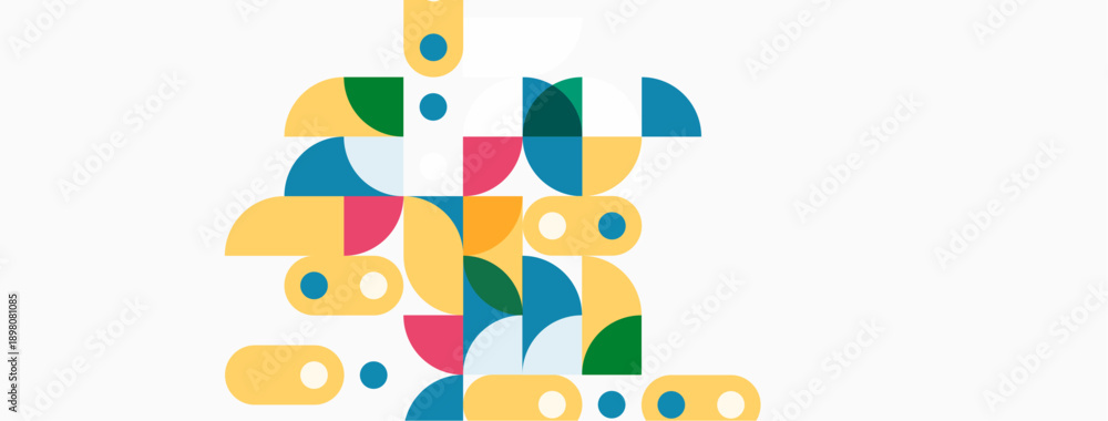 Fototapeta premium Abstract geometric shapes, vibrant colors, modern design. Composition features overlapping circles, arcs, rectangles. Clean aesthetic, simple forms.