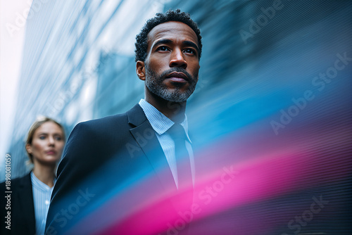 Confident male executive in navy suit with salt - and - pepper beard standing before glass skyscraper, streaks of blue and magenta motion blur