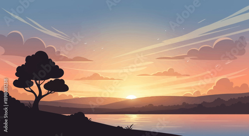 cartoon sunrise landscape with warm soft light gentle sky colors simple horizon calm morning mood clean composition wide view stock illustration