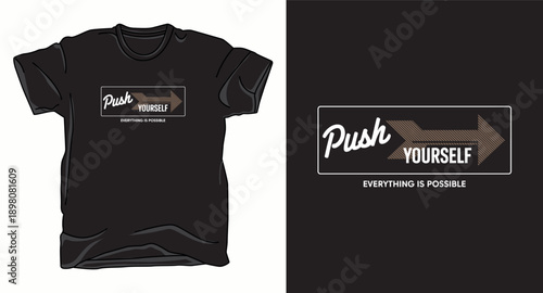 Push yourself motivational quote with arrow graphic on black t-shirt
