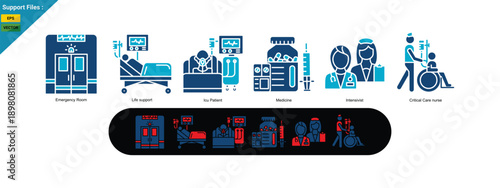The concept of intensive care medicine critical care. Emergency Room, Life support, Icu Patient, Medicine, Intensivist and Critical Care nurse.  icon two color set