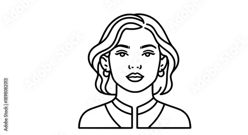 Minimalist black and white line art illustration of a woman with short wavy hair, earrings, and a collared shirt, facing forward.