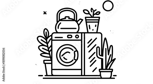 Minimalist line art illustration of a washing machine with a kettle and various potted plants, depicting a cozy domestic scene.