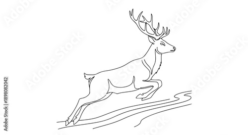 Line art drawing of a majestic deer with large antlers leaping gracefully over stylized ground, depicted in a minimalist black and white style.
