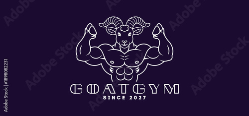 Vector simple graphic logo, emblem. Powerful horned muscular bodybuilder with hooves. Goat gym, since 2027. Logotype strong animal. Dark isolated background.