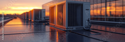 Close-up view of air conditioning units at sunset Generative AI