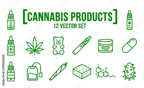 Cannabis Products CBD Vector Set - 12 Medical Marijuana Oil and Edibles Silhouettes